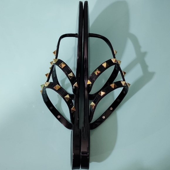 Nicole by Nicole Miller Black and Gold Sandals with Studded Straps - Picture 3 of 4